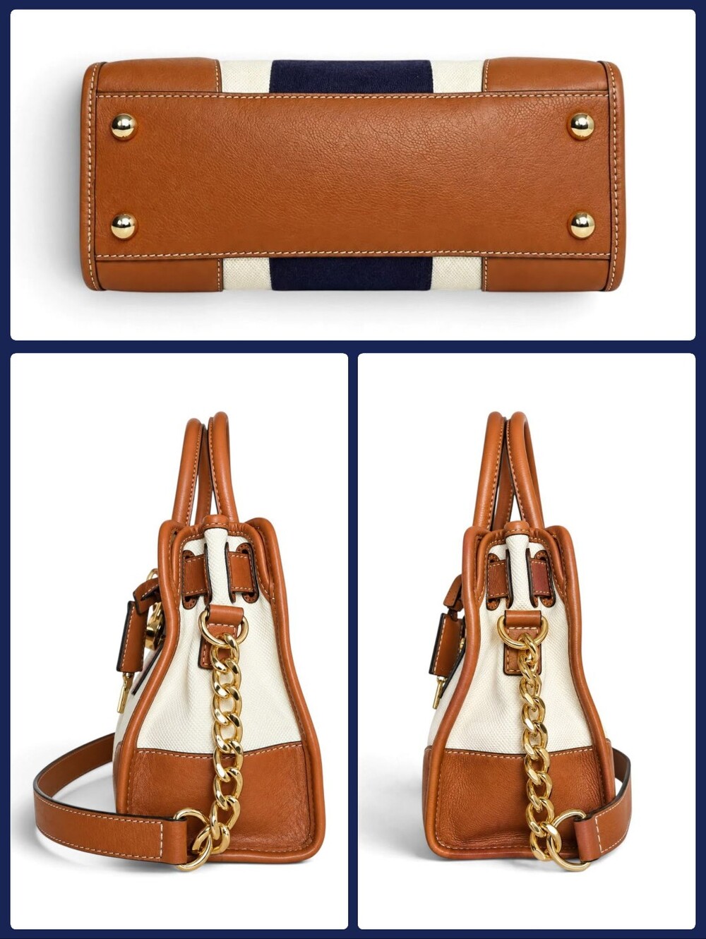 Michael Kors Hamilton East West Satchel Stripe Old Money Cream Navy Cognac - Picture 10 of 17